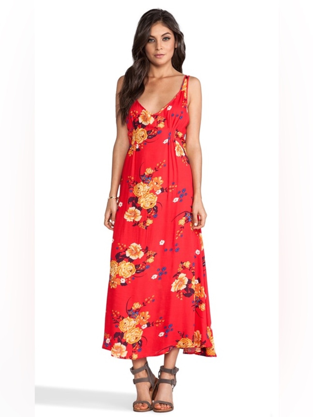 Free People Red Floral Maxi Dress with Yellow Blooms